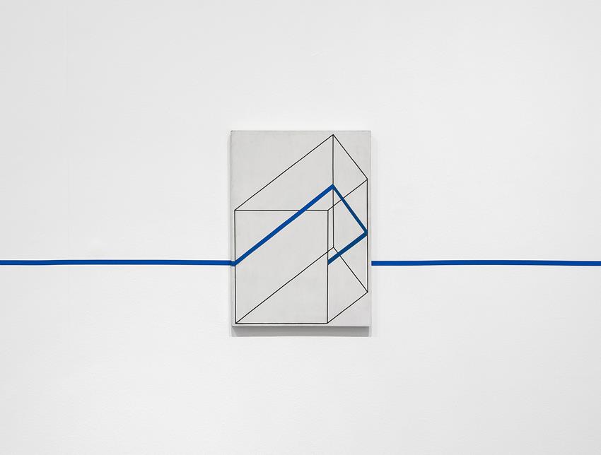 Edward Krasinski, Intervention 27, 1975, adhesive tape and paint on hardboard. courtesy Tate Londen